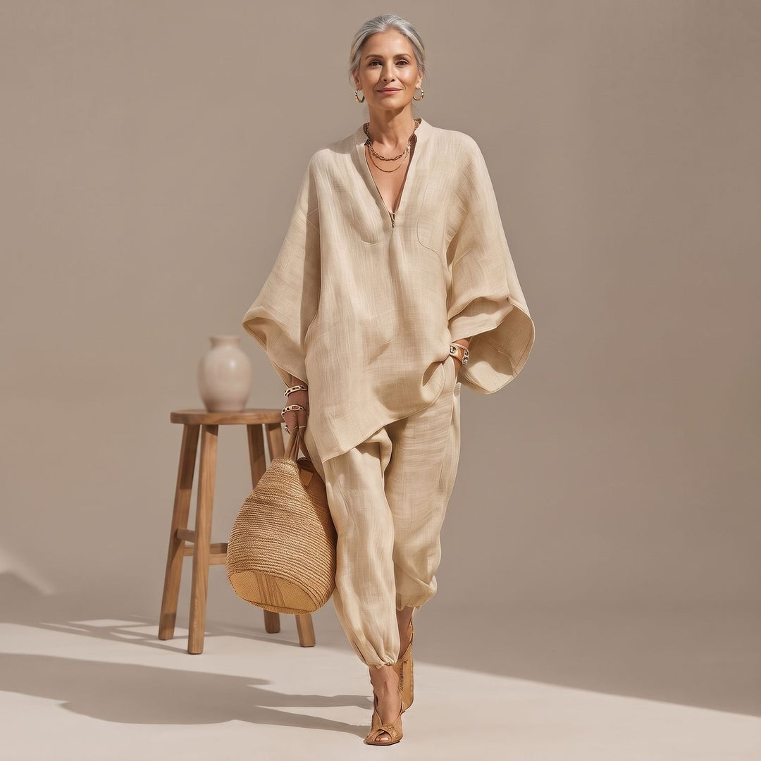 Women's Two Piece Set Linen-Look Oversized V-Neck Top Tapered Pants