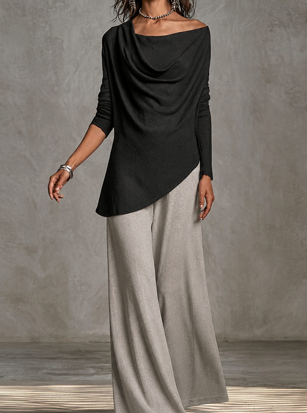 Women's Two Piece Set Long Sleeve Draped Top Wide-Leg Pants - Black