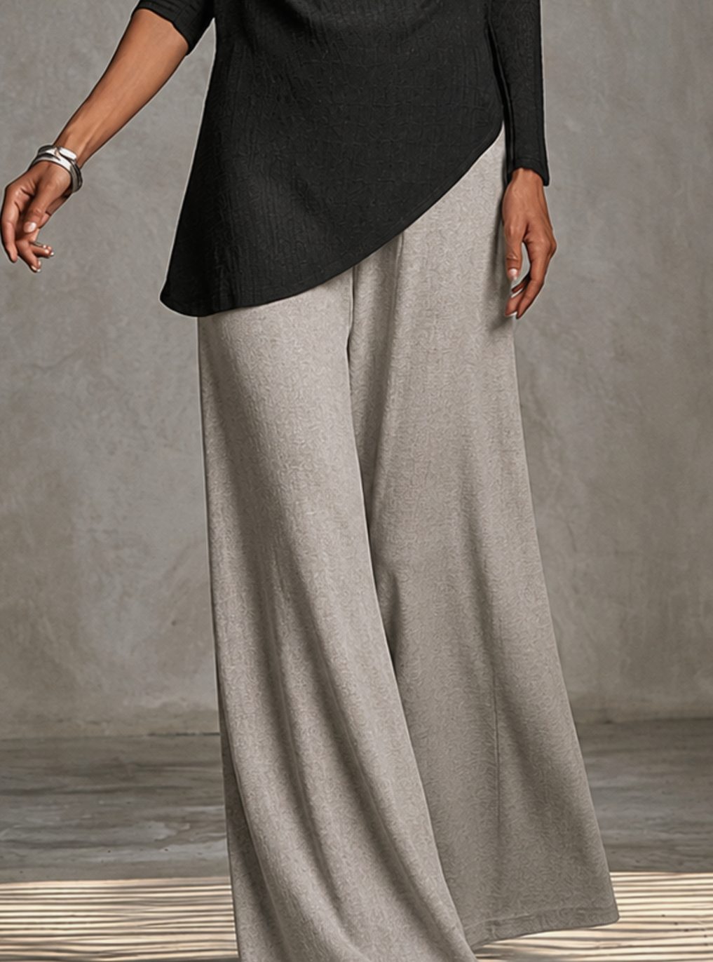 Women's Two Piece Set Long Sleeve Draped Top Wide-Leg Pants