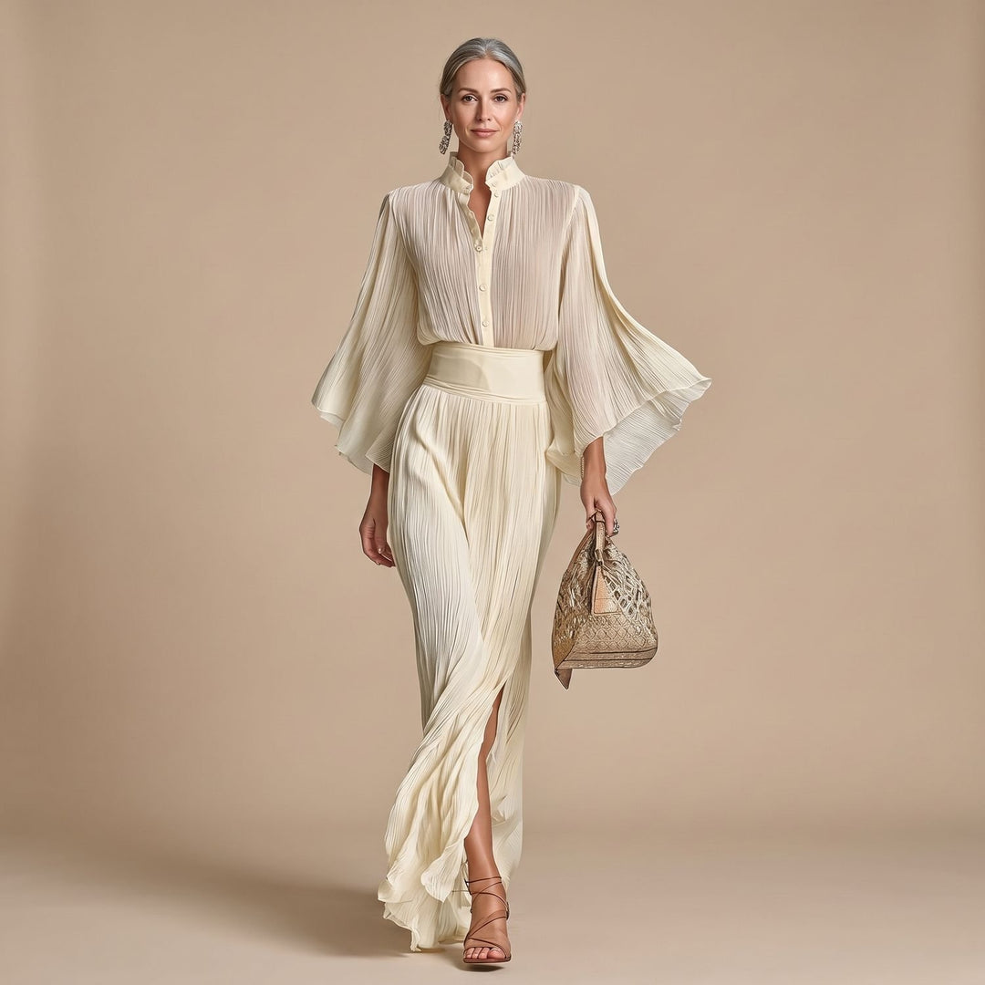 Women's Two Piece Set Pleated High-Collar Blouse Maxi Split Skirt - Beige