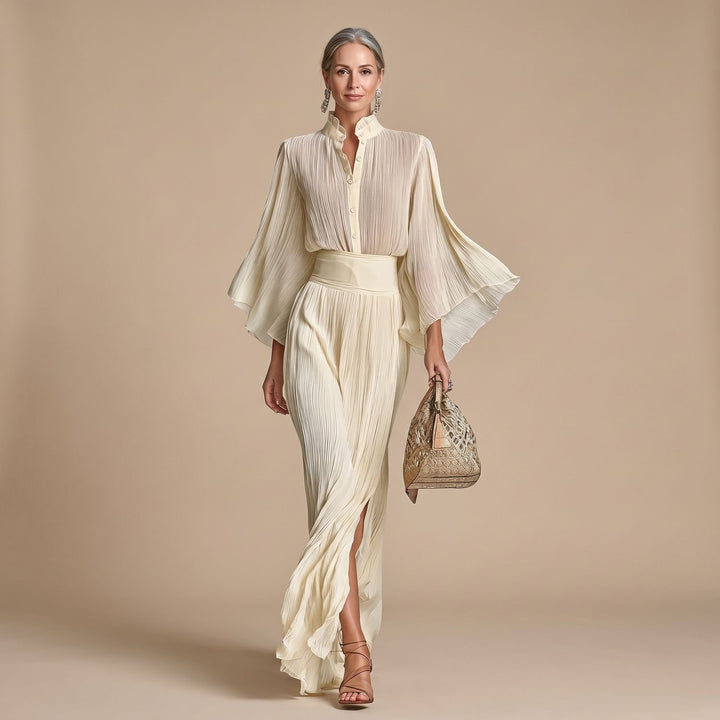 Women's Two Piece Set Pleated High-Collar Blouse Maxi Split Skirt - Beige