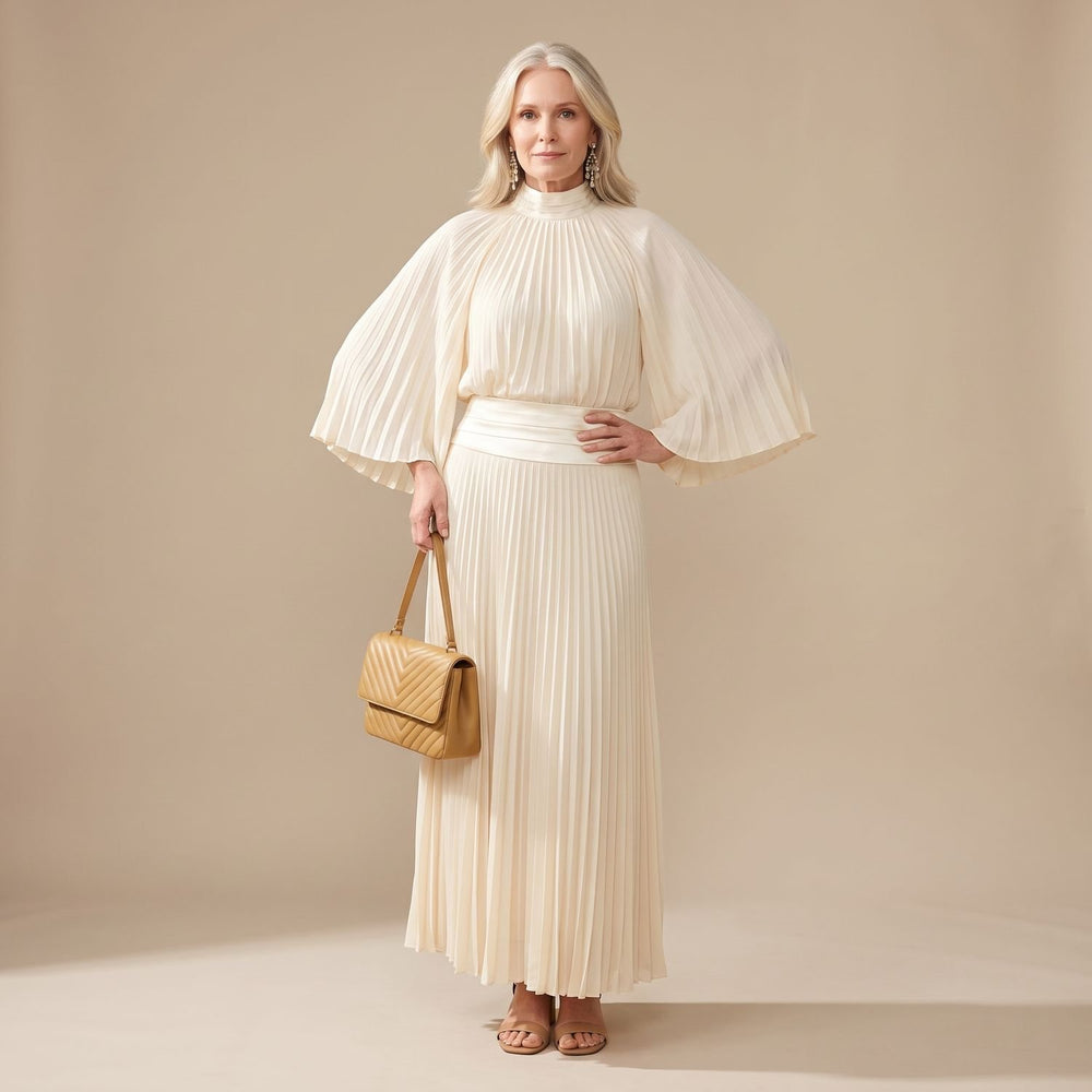 Women's Two Piece Set Pleated High-Collar Blouse Maxi Split Skirt