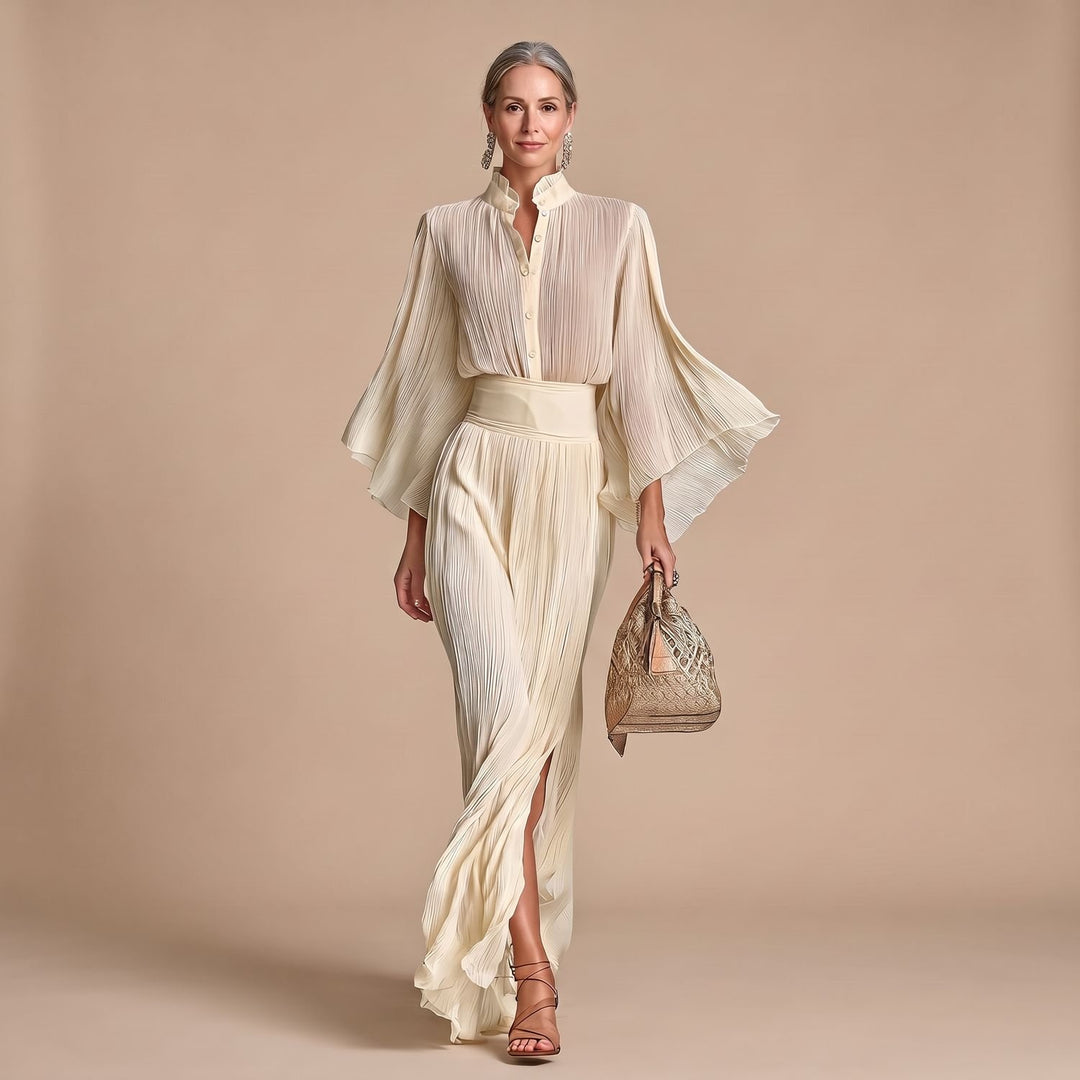 Women's Two Piece Set Pleated High-Collar Blouse Maxi Split Skirt