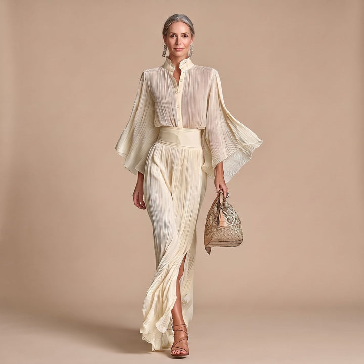 Women's Two Piece Set Pleated High-Collar Blouse Maxi Split Skirt
