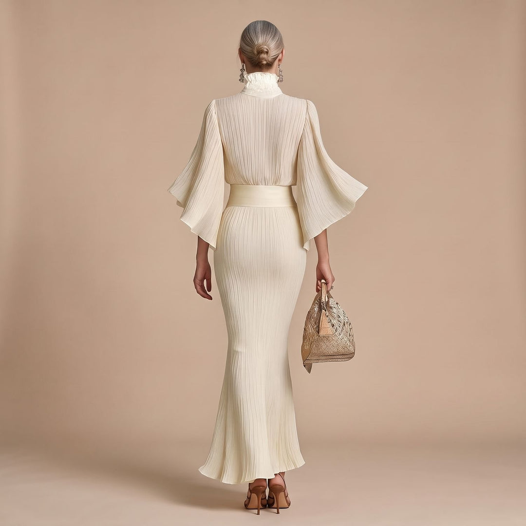 Women's Two Piece Set Pleated High-Collar Blouse Maxi Split Skirt