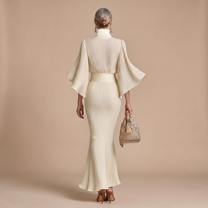 Women's Two Piece Set Pleated High-Collar Blouse Maxi Split Skirt