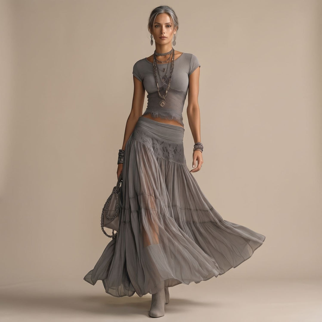 Women's Two Piece Set Sheer Pleated Lace Maxi Skirt Crop Top - Gray