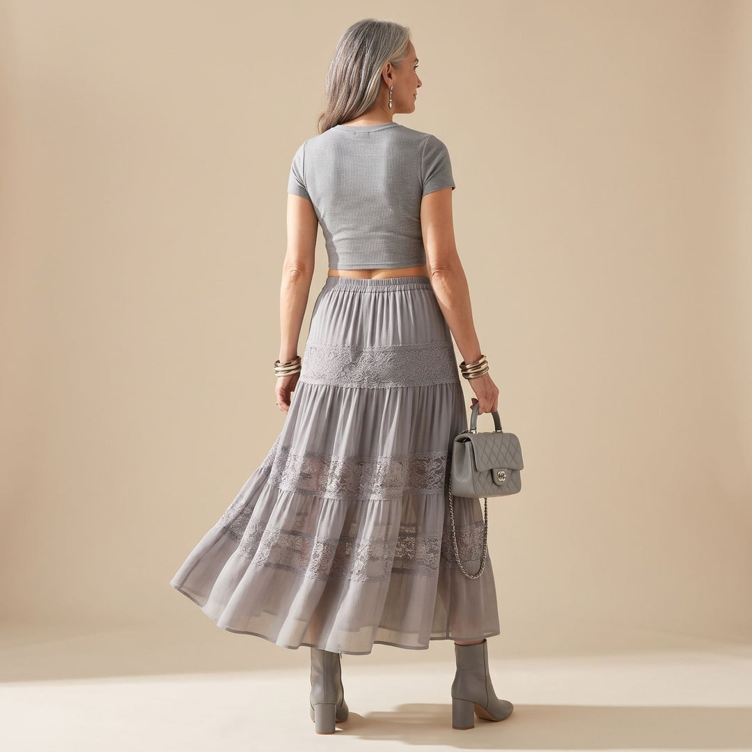 Women's Two Piece Set Sheer Pleated Lace Maxi Skirt Crop Top