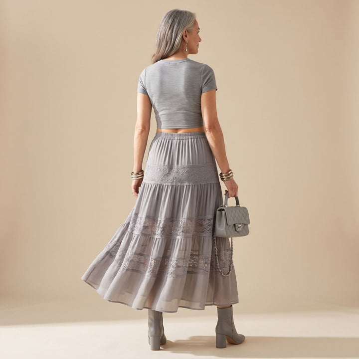 Women's Two Piece Set Sheer Pleated Lace Maxi Skirt Crop Top
