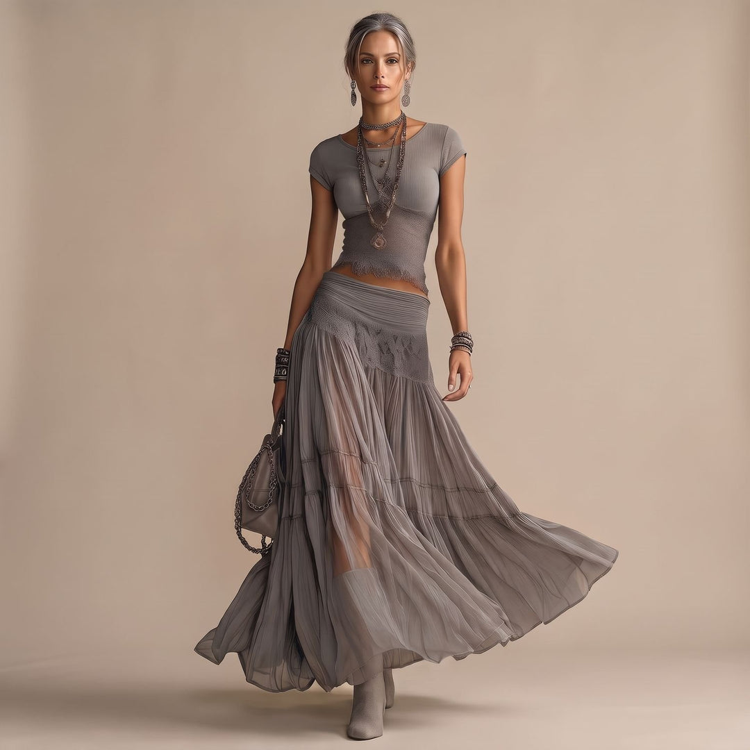 Women's Two Piece Set Sheer Pleated Lace Maxi Skirt Crop Top