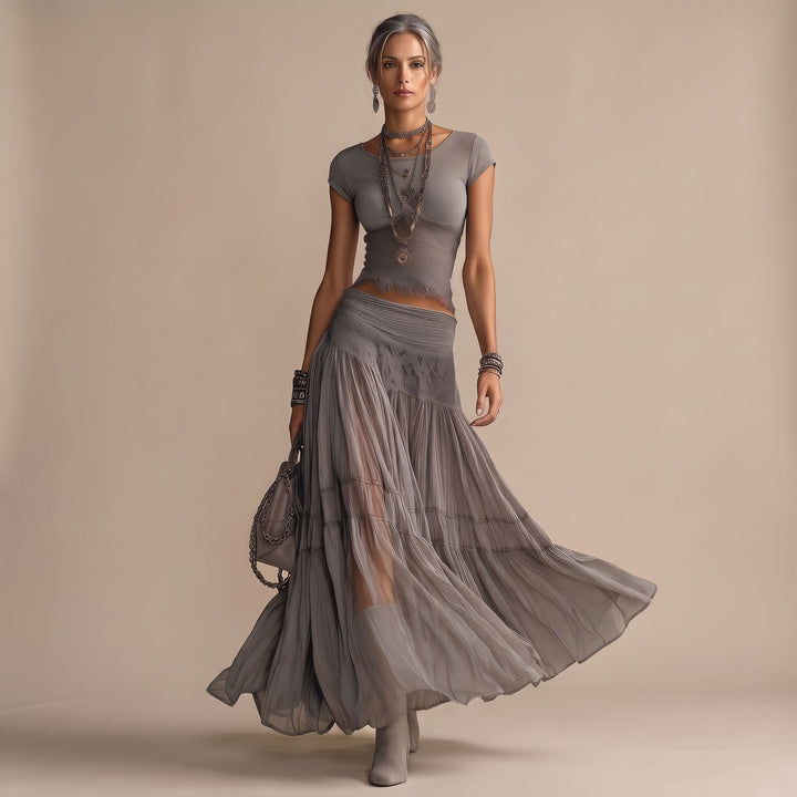 Women's Two Piece Set Sheer Pleated Lace Maxi Skirt Crop Top