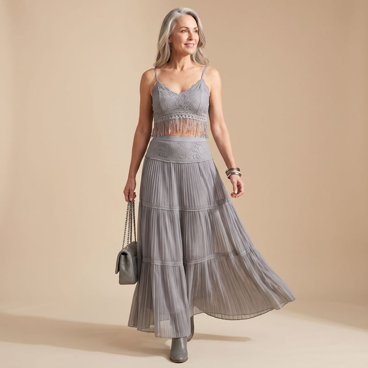 Women's Two Piece Set Sheer Pleated Lace Maxi Skirt Crop Top
