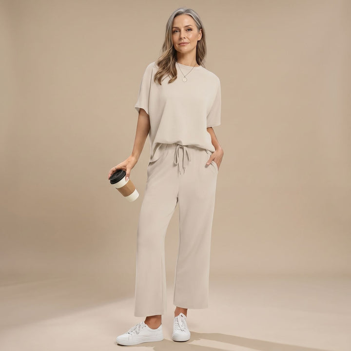 Women's Two Piece Set Short-Sleeve Crop Top Wide-Leg Pants - Beige
