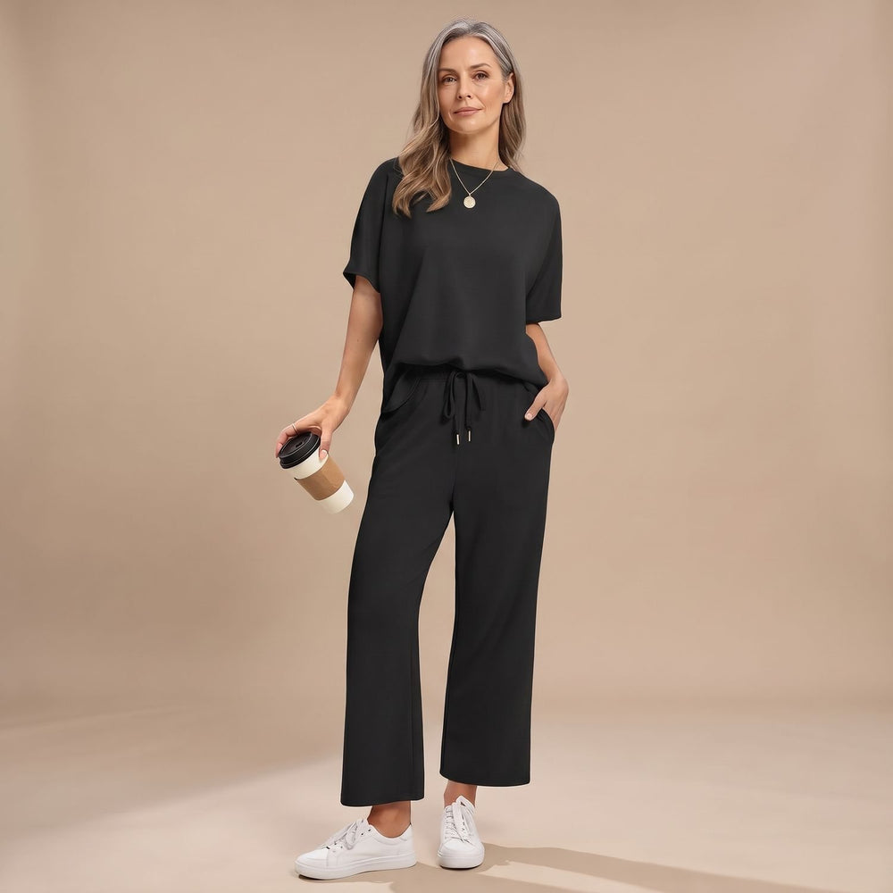 Women's Two Piece Set Short-Sleeve Crop Top Wide-Leg Pants - Black
