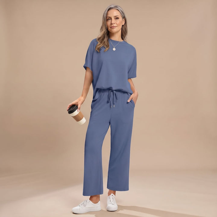 Women's Two Piece Set Short-Sleeve Crop Top Wide-Leg Pants - Blue