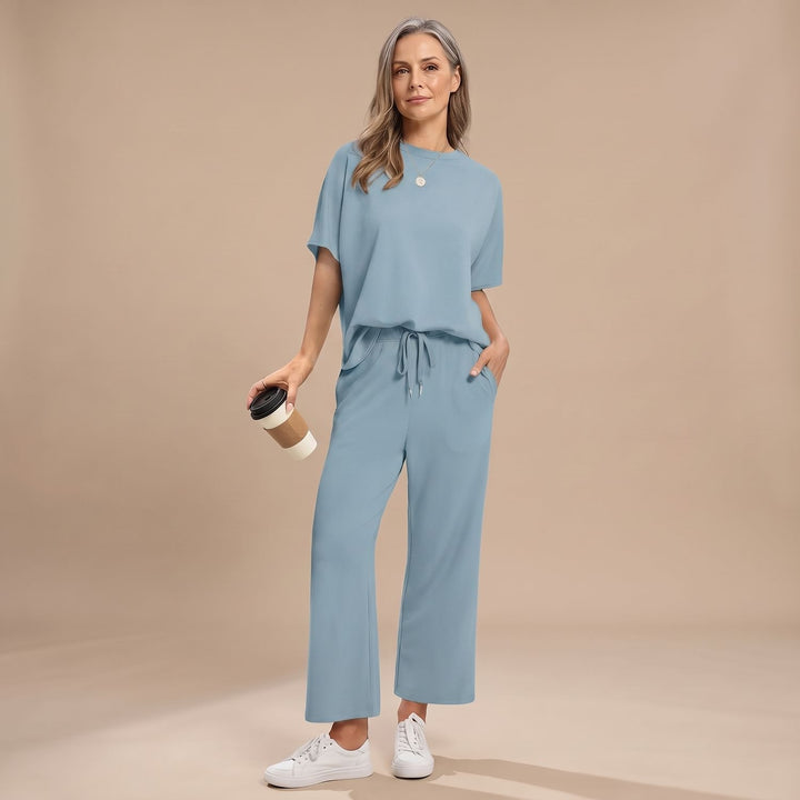 Women's Two Piece Set Short-Sleeve Crop Top Wide-Leg Pants - Lake Blue