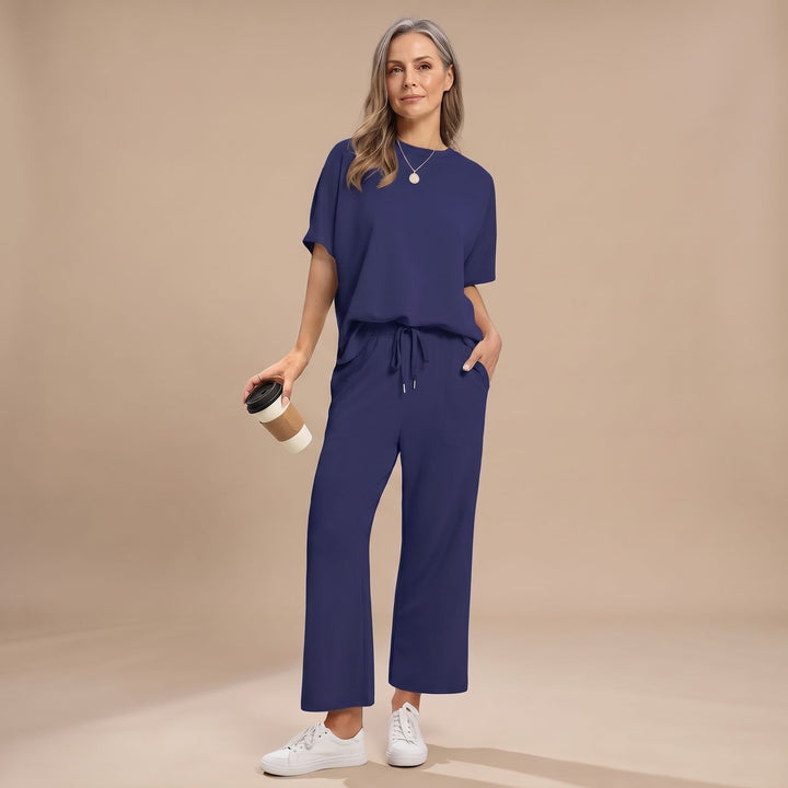 Women's Two Piece Set Short-Sleeve Crop Top Wide-Leg Pants - Dark Blue