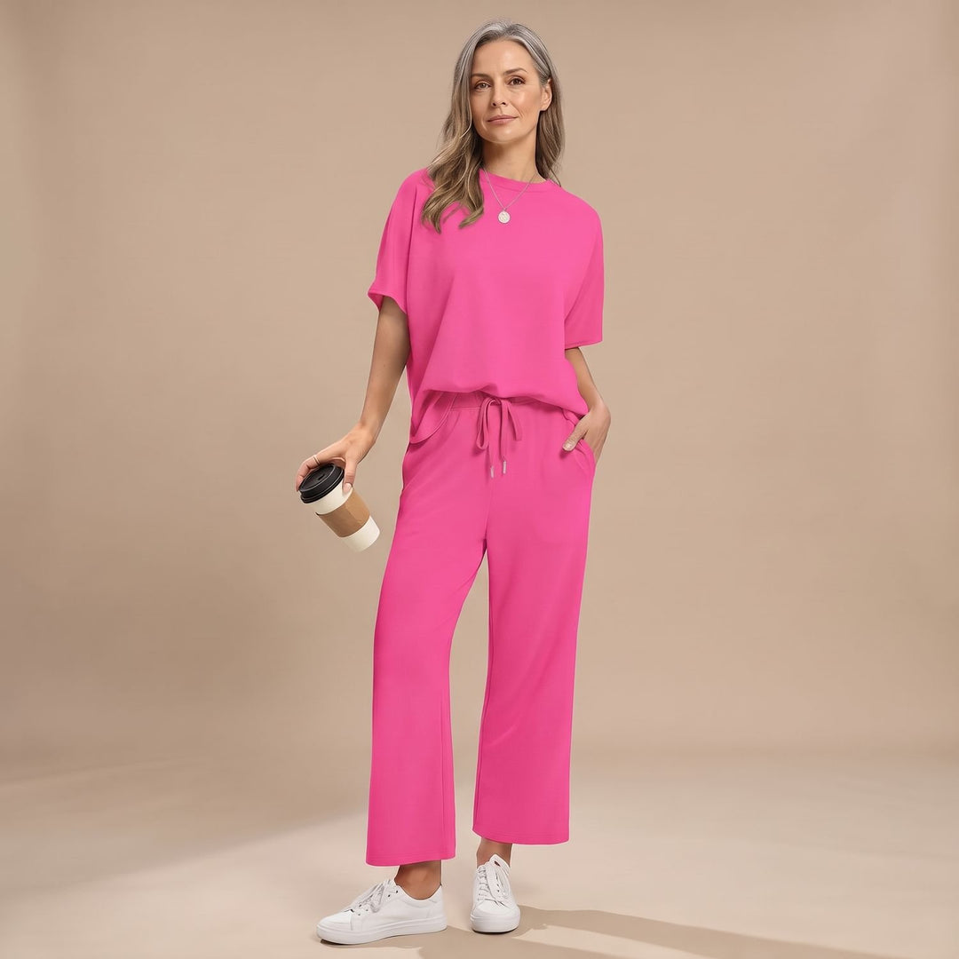 Women's Two Piece Set Short-Sleeve Crop Top Wide-Leg Pants - Hot Pink