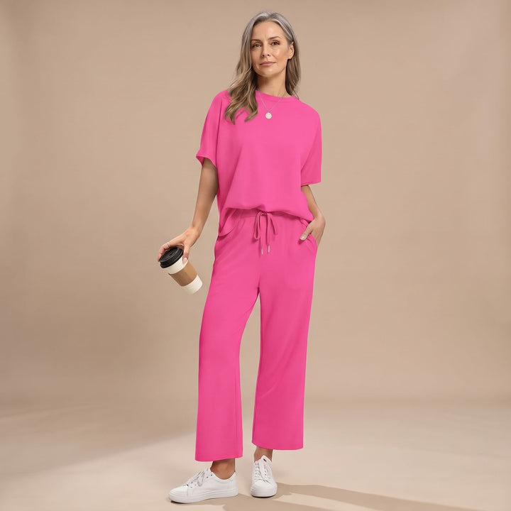 Women's Two Piece Set Short-Sleeve Crop Top Wide-Leg Pants - Hot Pink