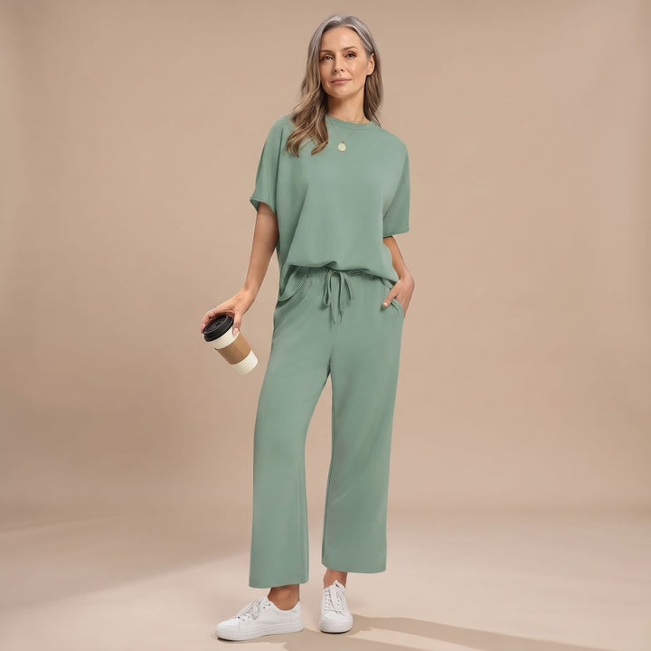 Women's Two Piece Set Short-Sleeve Crop Top Wide-Leg Pants - Sage Green