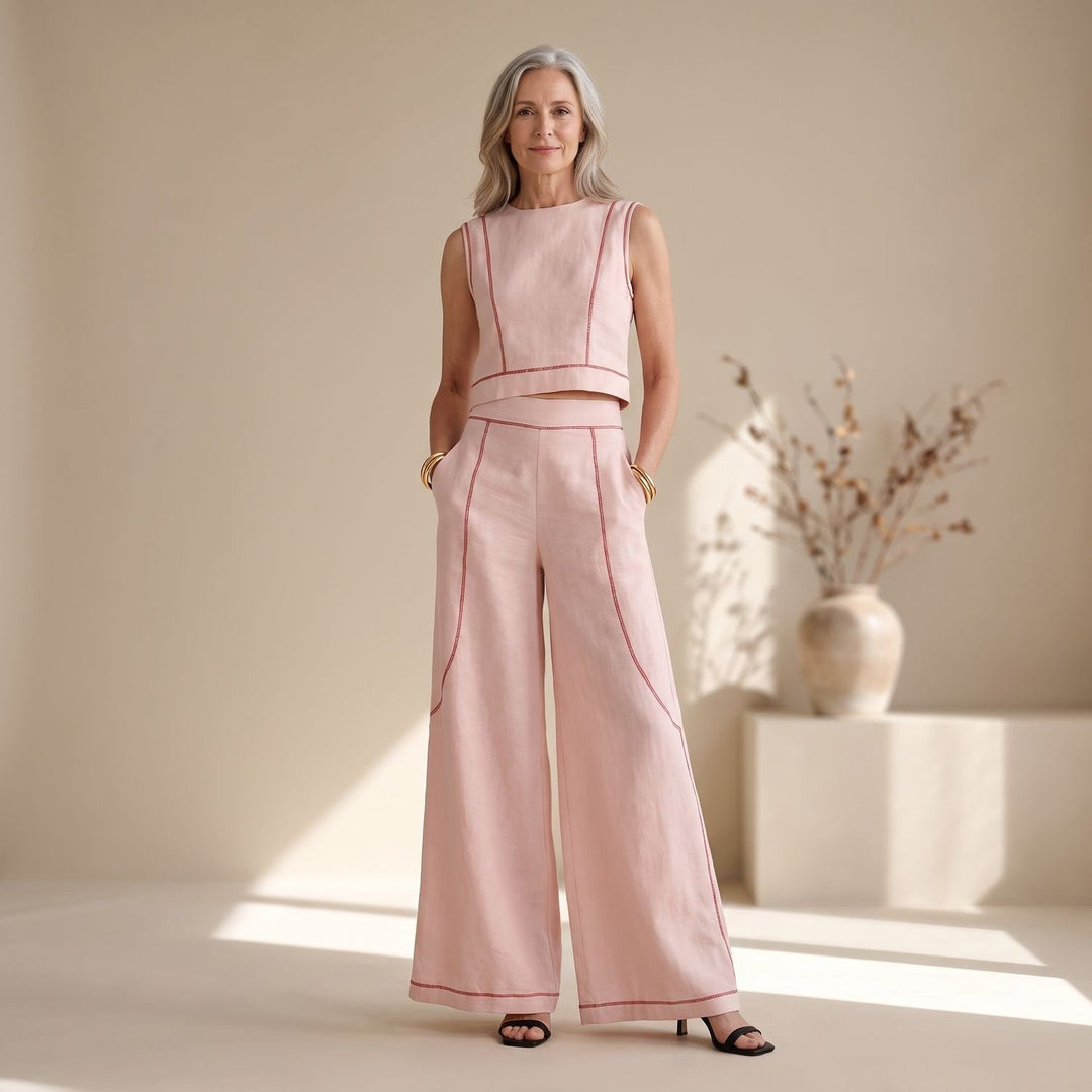Women's Two Piece Set Sleeveless Crop Top Wide-Leg Palazzo Pants - Pink