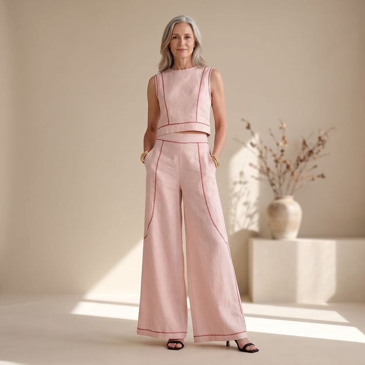 Women's Two Piece Set Sleeveless Crop Top Wide-Leg Palazzo Pants - Pink