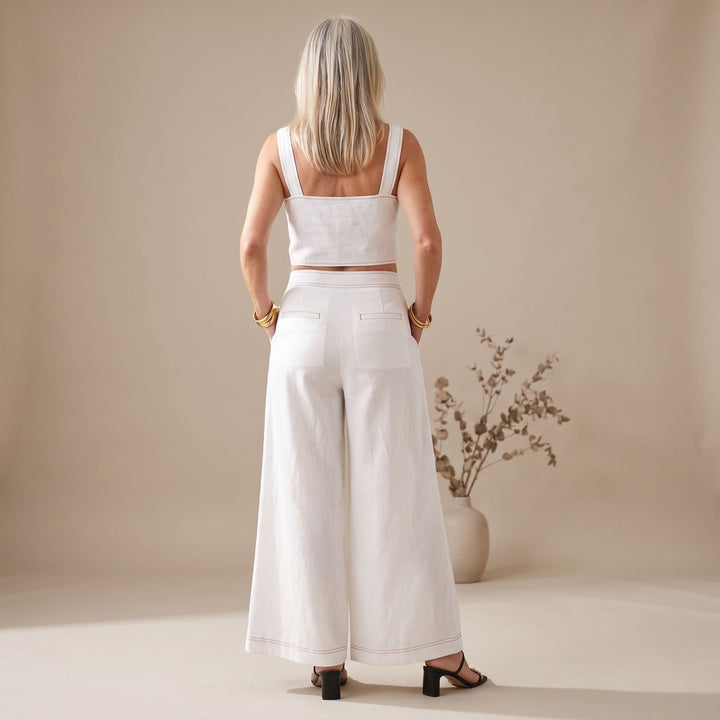 Women's Two Piece Set Sleeveless Crop Top Wide-Leg Palazzo Pants - White