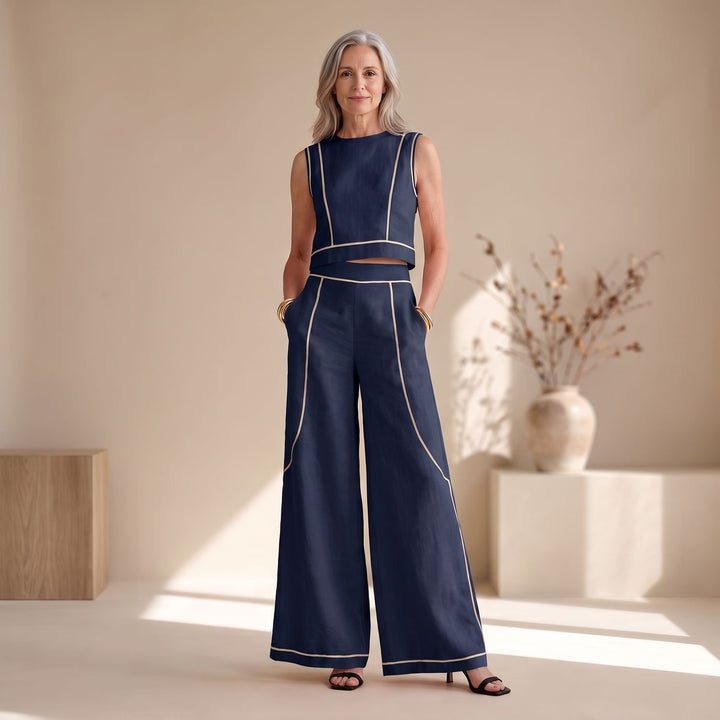 Women's Two Piece Set Sleeveless Crop Top Wide-Leg Palazzo Pants - Navy
