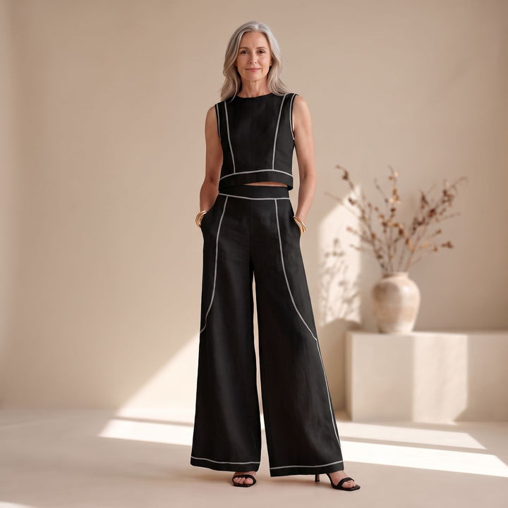 Women's Two Piece Set Sleeveless Crop Top Wide-Leg Palazzo Pants - Black