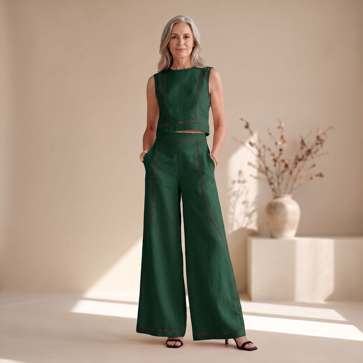 Women's Two Piece Set Sleeveless Crop Top Wide-Leg Palazzo Pants - Green