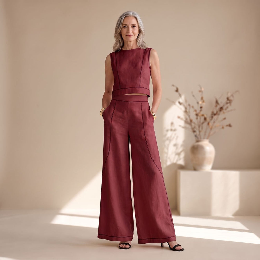 Women's Two Piece Set Sleeveless Crop Top Wide-Leg Palazzo Pants - Burgundy