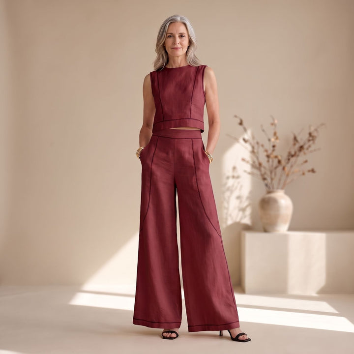 Women's Two Piece Set Sleeveless Crop Top Wide-Leg Palazzo Pants - Burgundy