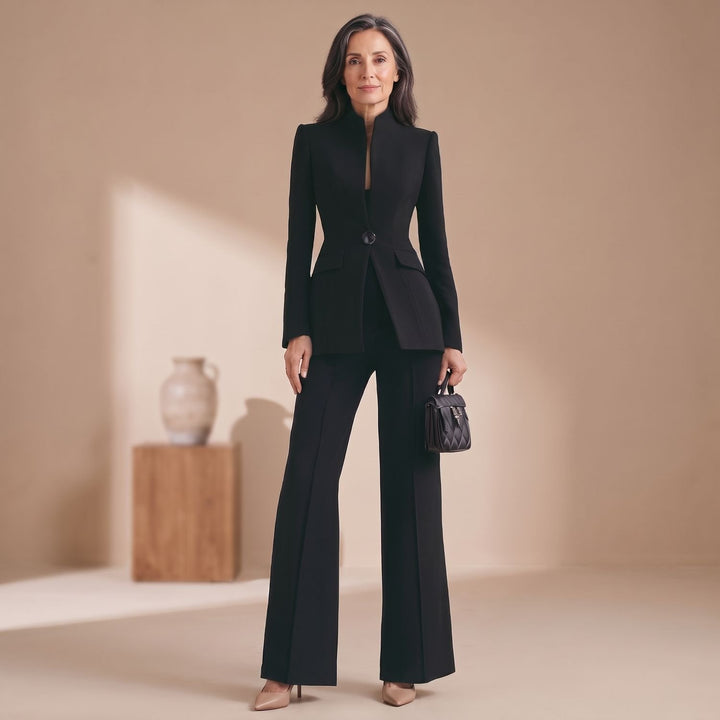 Women's Two Piece Set Tailored Blazer Wide-Leg Pants Suit - Black