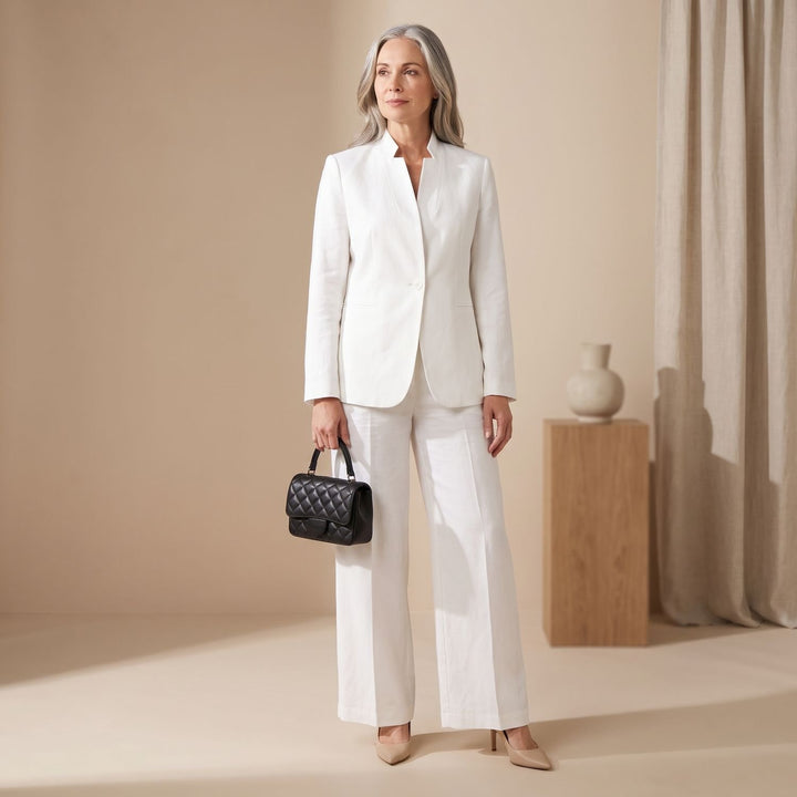 Women's Two Piece Set Tailored Blazer Wide-Leg Pants Suit - White