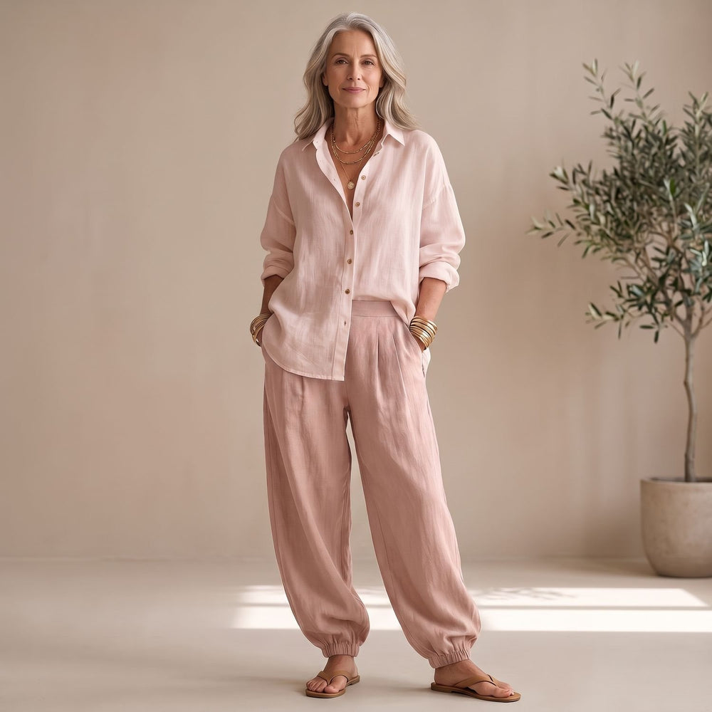 Women's Two Piece Set Wide Leg Pants Button Shirt Relaxed Outfit - Pink