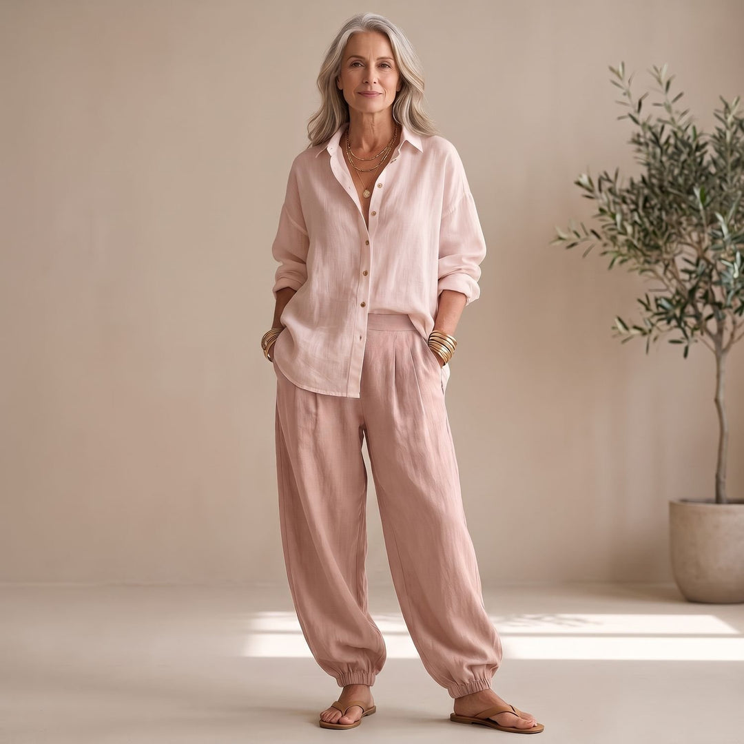 Women's Two Piece Set Wide Leg Pants Button Shirt Relaxed Outfit - Pink