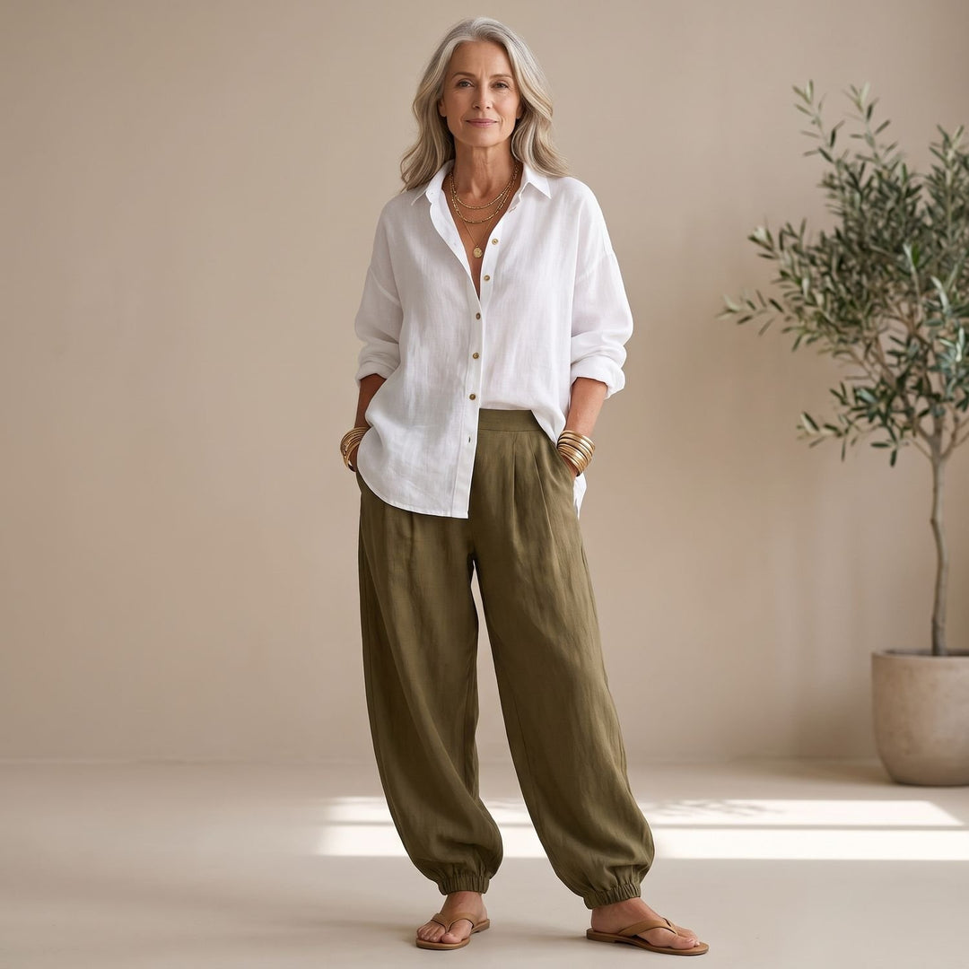 Women's Two Piece Set Wide Leg Pants Button Shirt Relaxed Outfit - Olive Green
