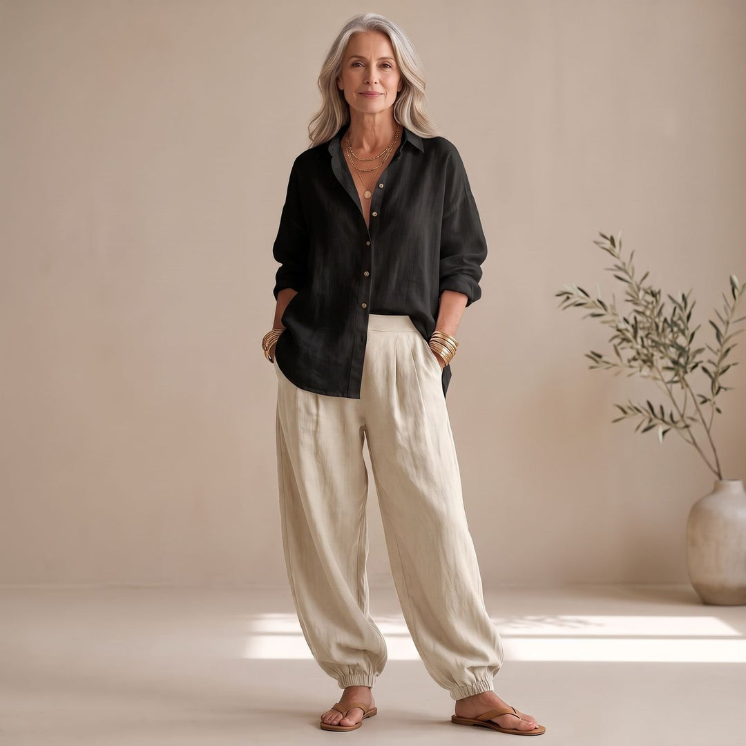 Women's Two Piece Set Wide Leg Pants Button Shirt Relaxed Outfit - Black
