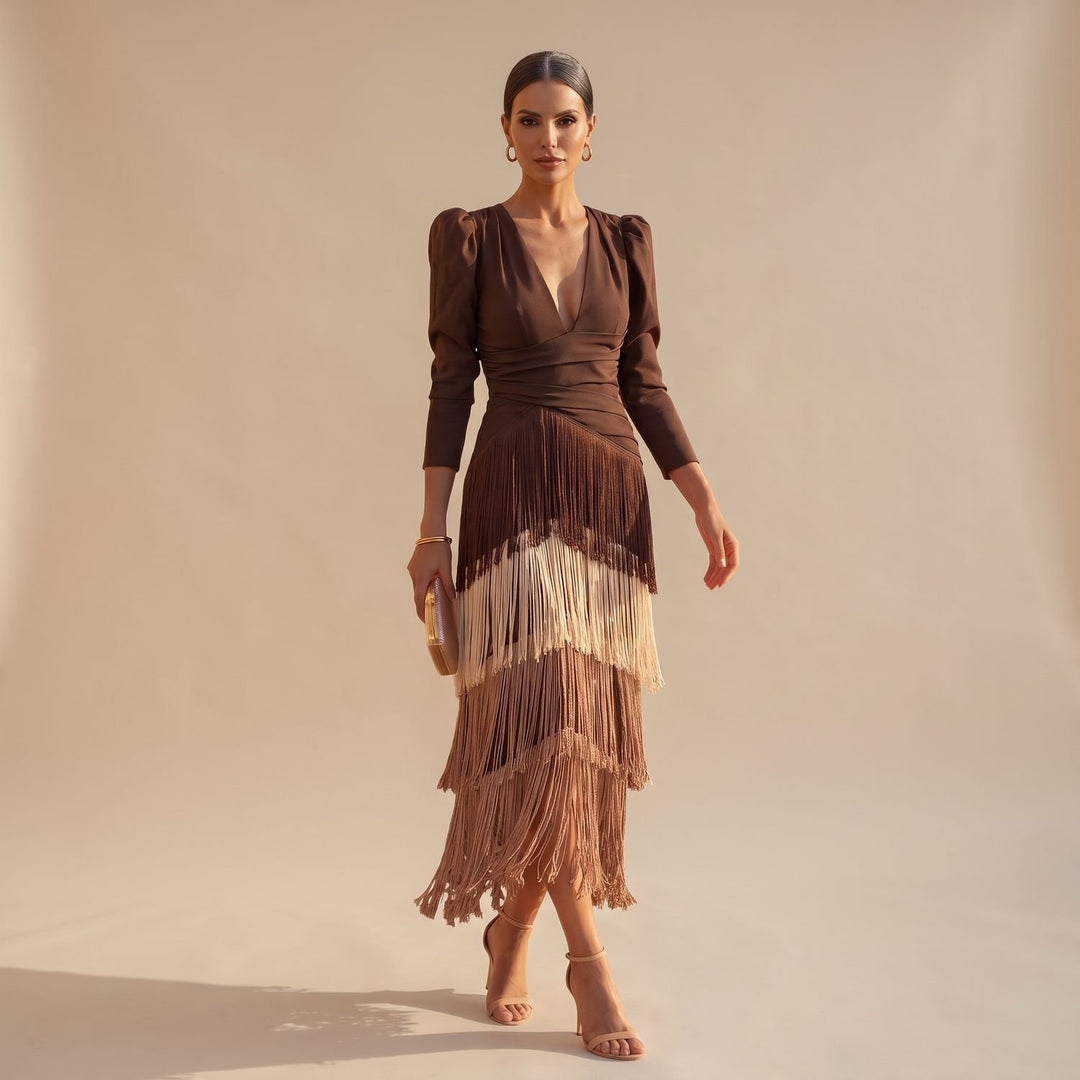 Women's V-Neck Long-Sleeve Layered Fringe Midi Dress - Brown