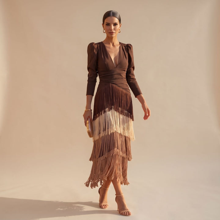 Women's V-Neck Long-Sleeve Layered Fringe Midi Dress - Brown