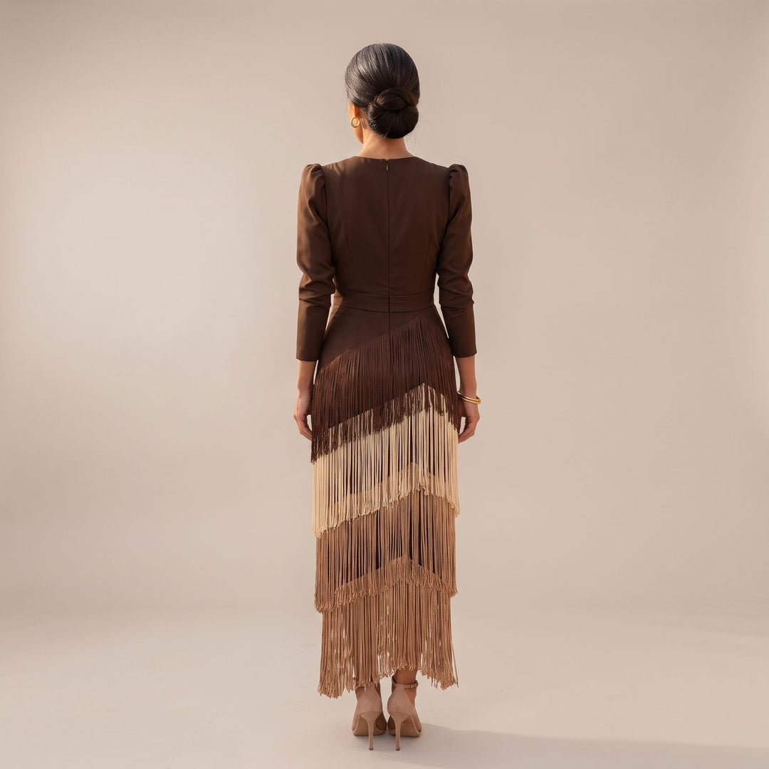 Women's V-Neck Long-Sleeve Layered Fringe Midi Dress