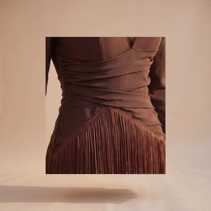 Women's V-Neck Long-Sleeve Layered Fringe Midi Dress