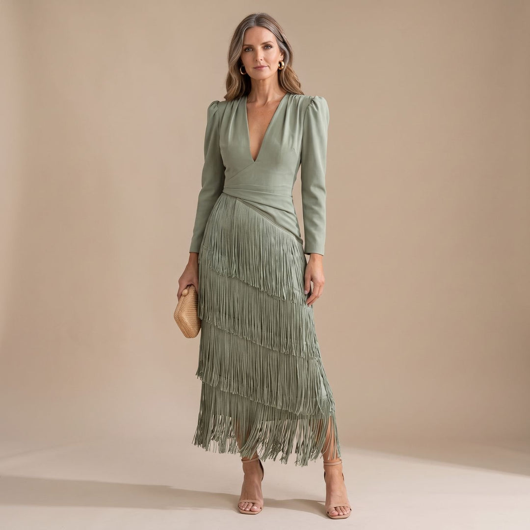 Women's V-Neck Long-Sleeve Layered Fringe Midi Dress - Green