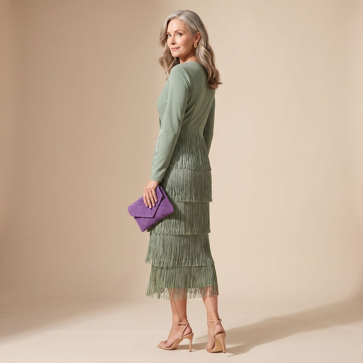 Women's V-Neck Long-Sleeve Layered Fringe Midi Dress