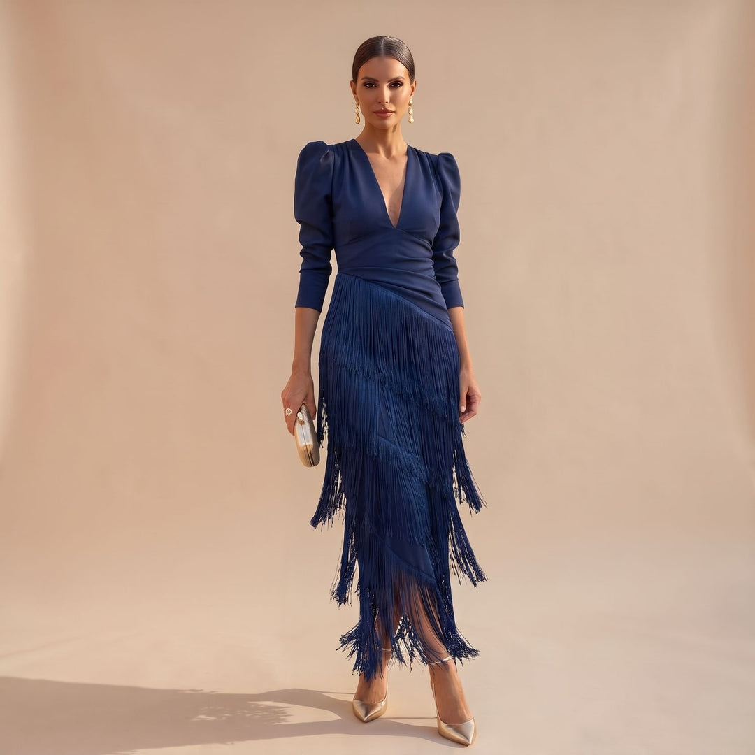 Women's V-Neck Long-Sleeve Layered Fringe Midi Dress - Blue