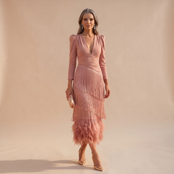 Women's V-Neck Long-Sleeve Layered Fringe Midi Dress - Pink