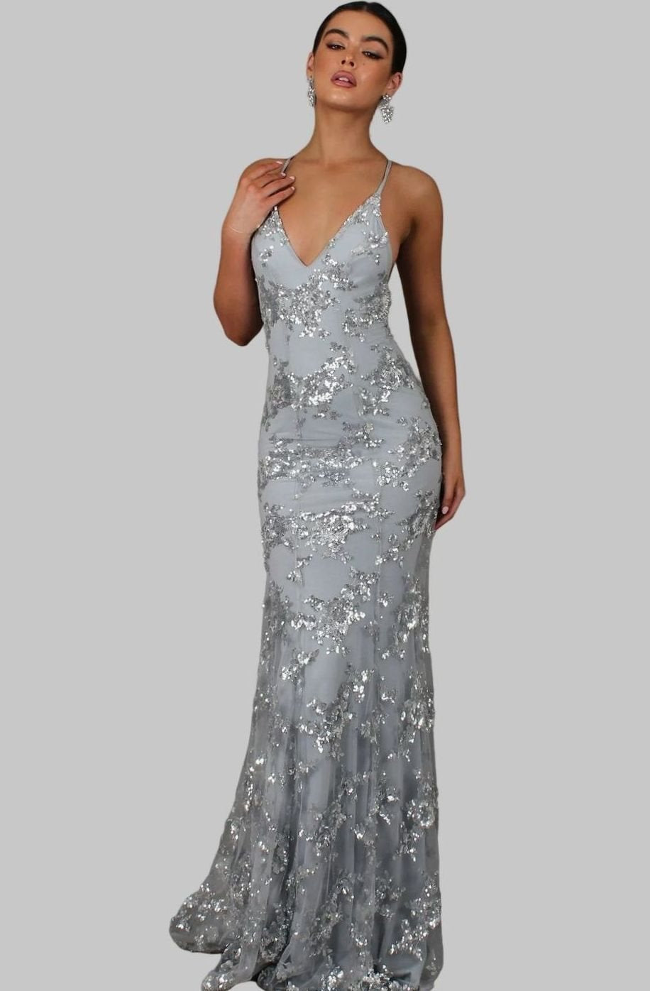 Women's V-Neck Open-Back Sequin Maxi Dress - Gray