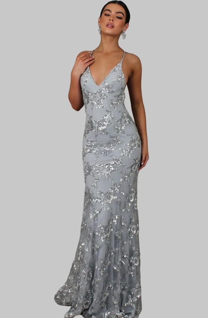 Women's V-Neck Open-Back Sequin Maxi Dress - Gray