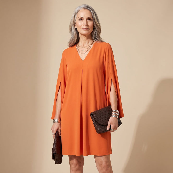 Women's V-Neck Pleated Split-Sleeve Mini Shift Dress - Orange