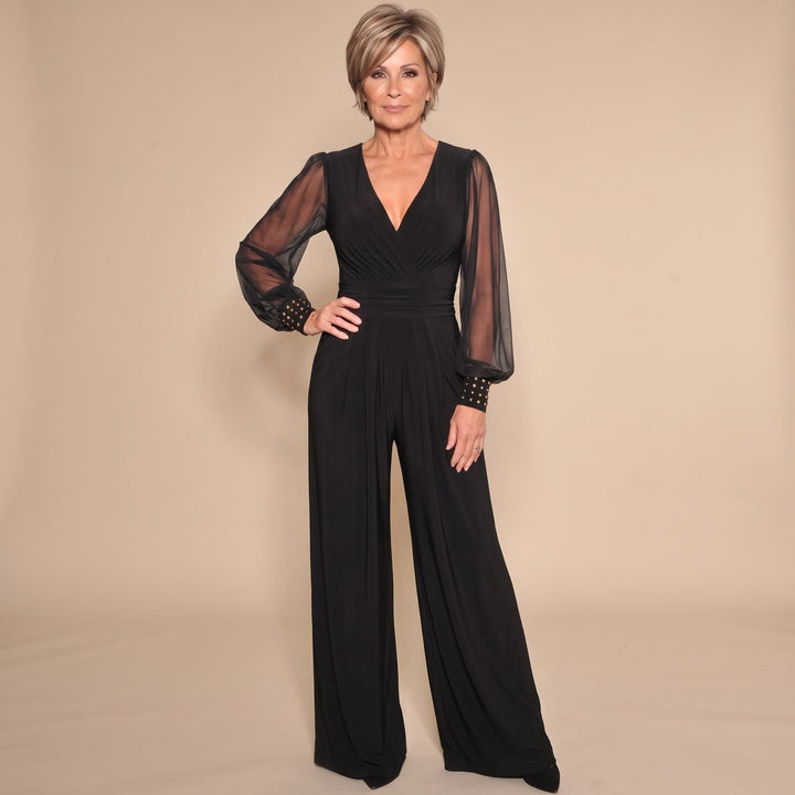 Women's V-Neck Sheer-Sleeve Wide-Leg Jumpsuit